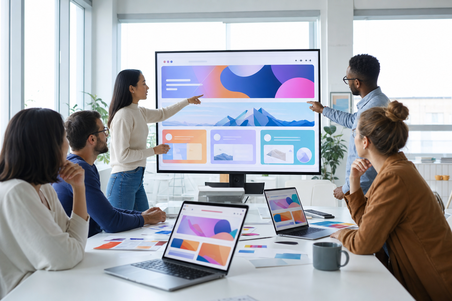 El equipo de Orion Innova revisando el diseño de una web en pantalla